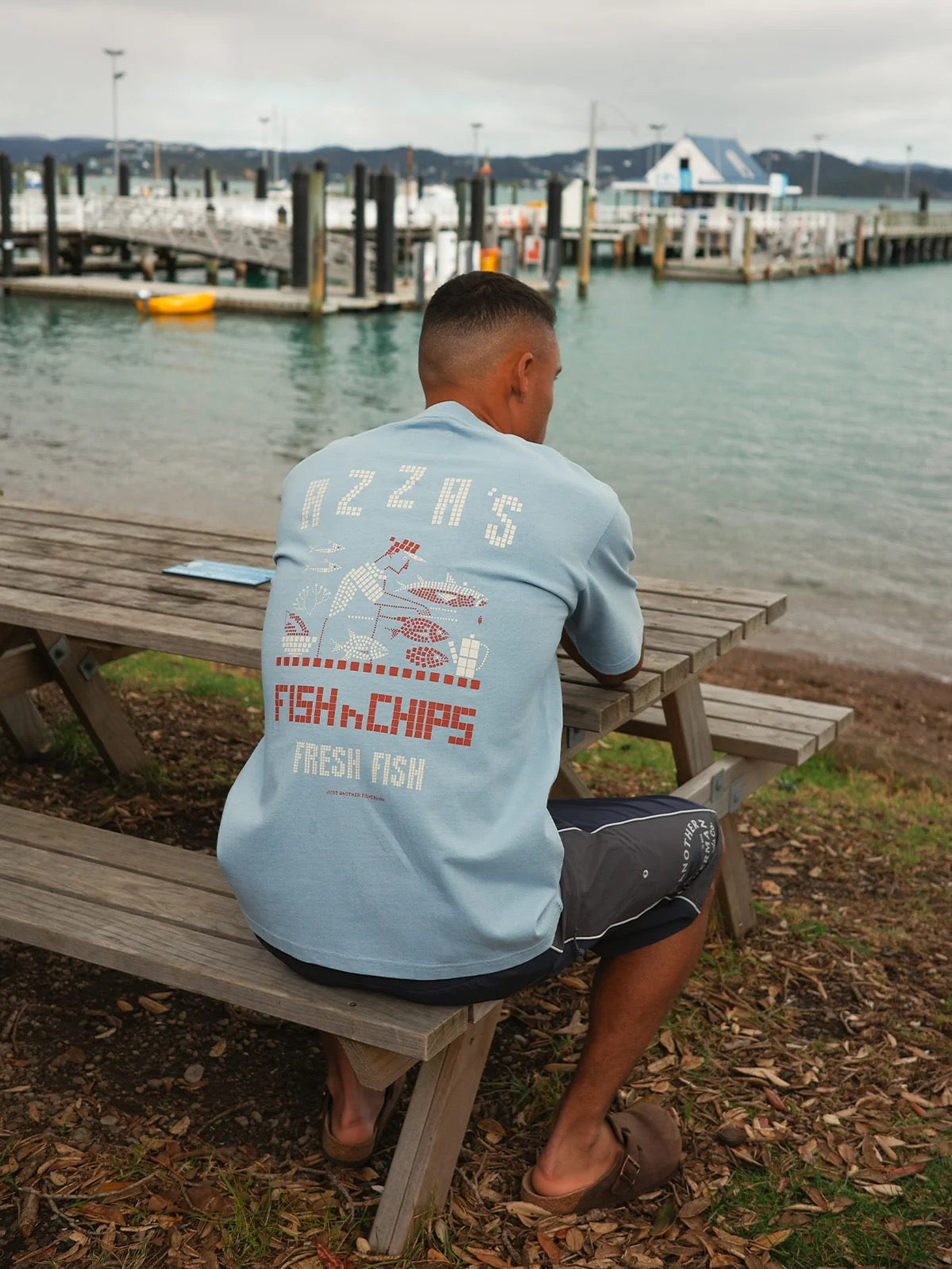 Azza's Fish n Chips Sea Tee- Washed Blue