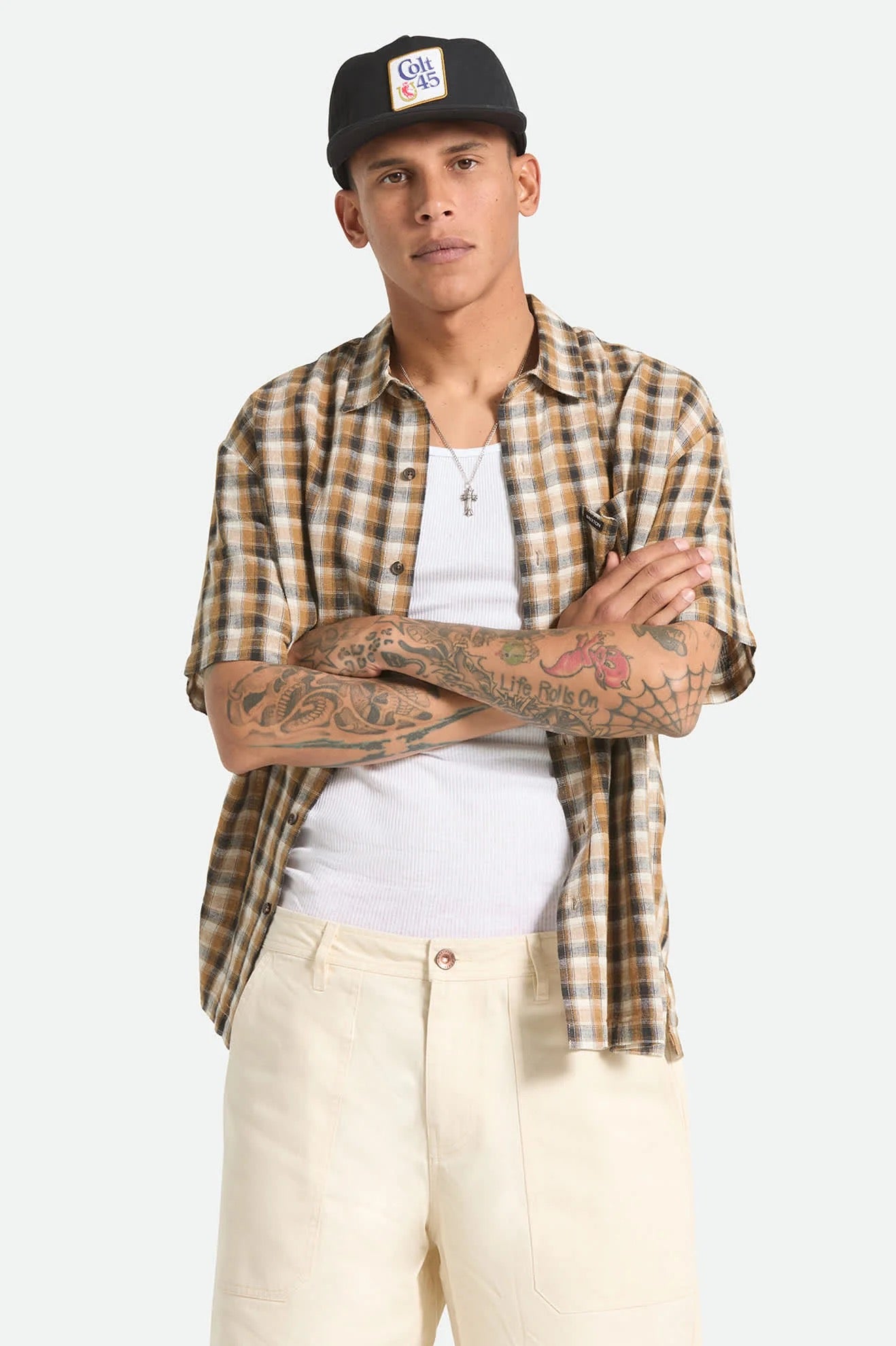 Brixton Cru Linen Blend Plaid S/S Black/Tobacco Plaid