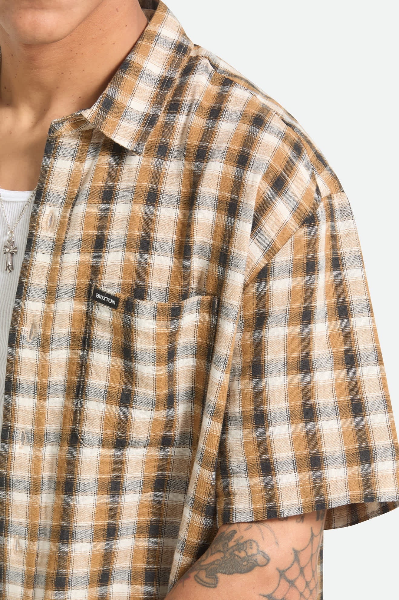 Brixton Cru Linen Blend Plaid S/S Black/Tobacco Plaid