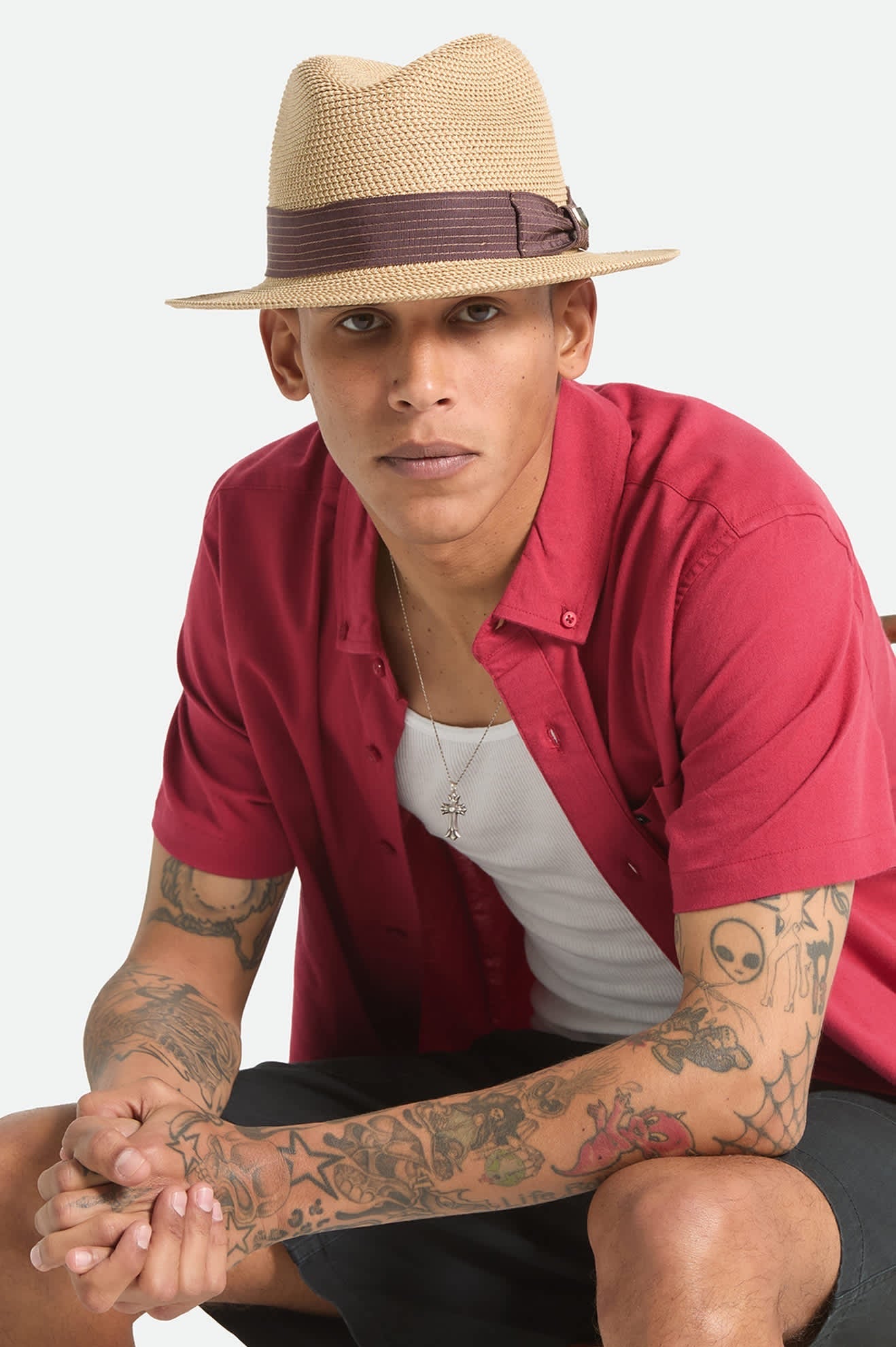 Brixton Roma Straw Packable Fedora Multi Brown/Chocolate