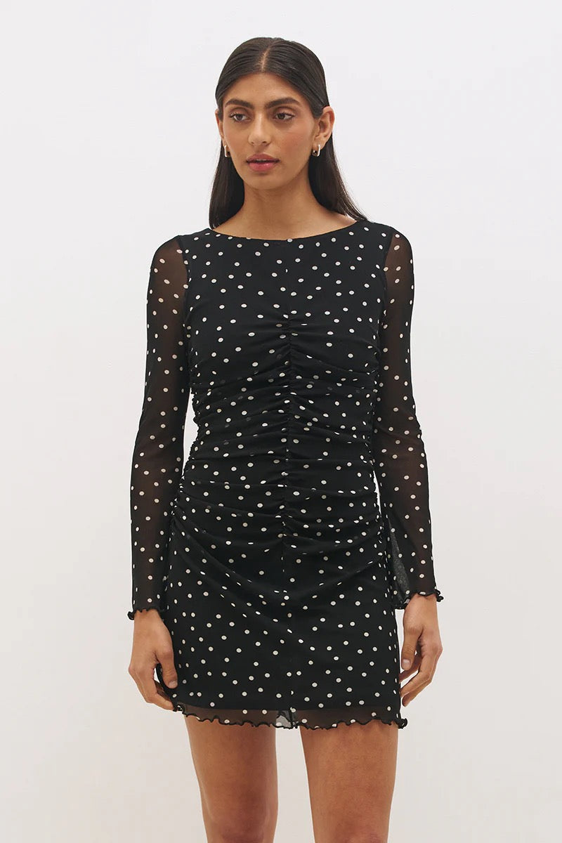 Mon Renn Vesper Spot L/S Mini Dress Black Polka Dot