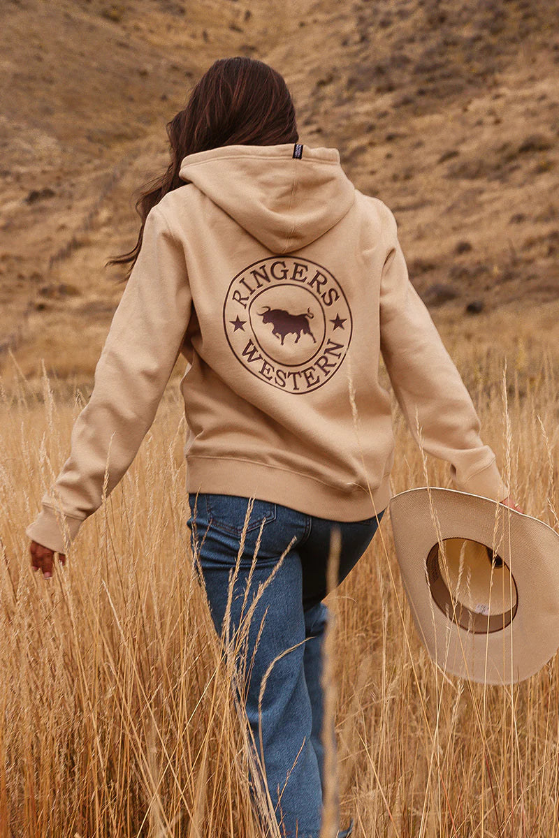 Ringers Western Signature Bull Womens Pullover Hoodie - Dark Sand / Chocolate