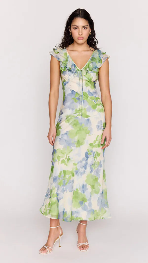 Mink Pink Carrie Ruffled Midi Dress Watercolour Floral