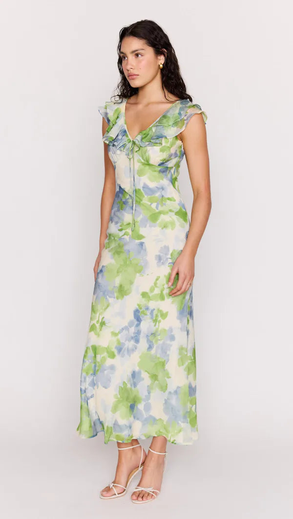 Mink Pink Carrie Ruffled Midi Dress Watercolour Floral