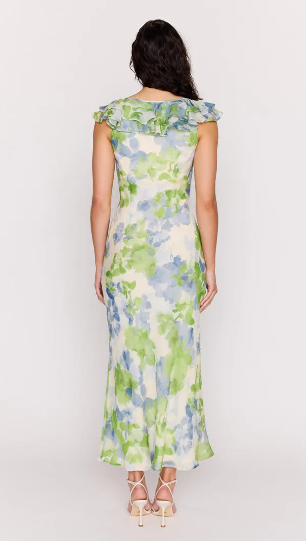 Mink Pink Carrie Ruffled Midi Dress Watercolour Floral