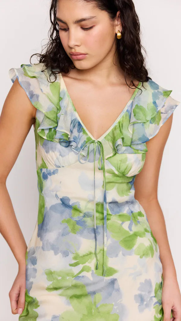 Mink Pink Carrie Ruffled Midi Dress Watercolour Floral