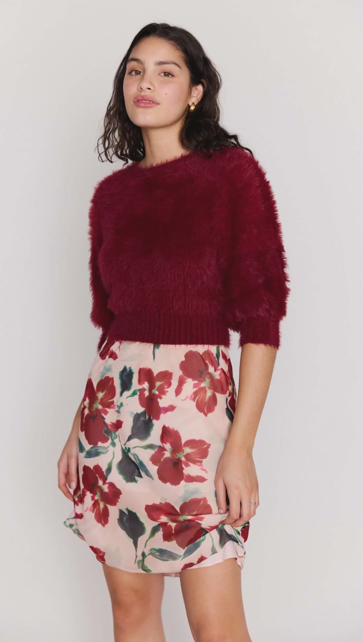 Mink Pink Lola Fluffy Knit Top Dark Red
