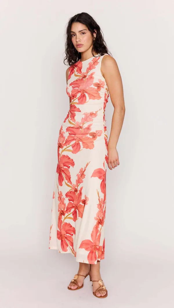 Mink Pink Isla Mesh Midi Dress Peach Hibiscus