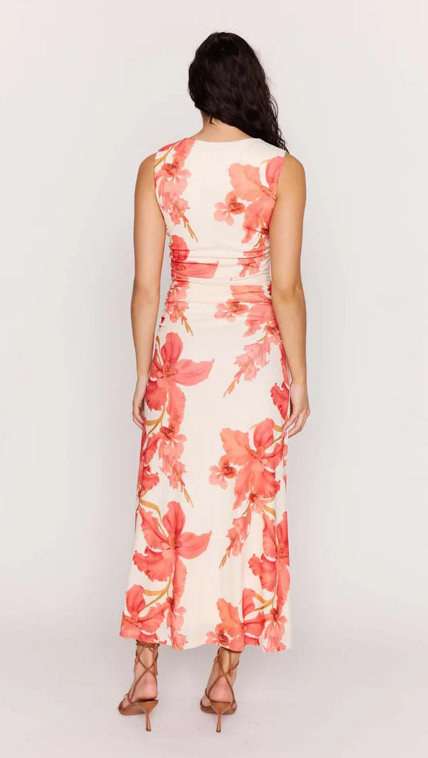 Mink Pink Isla Mesh Midi Dress Peach Hibiscus