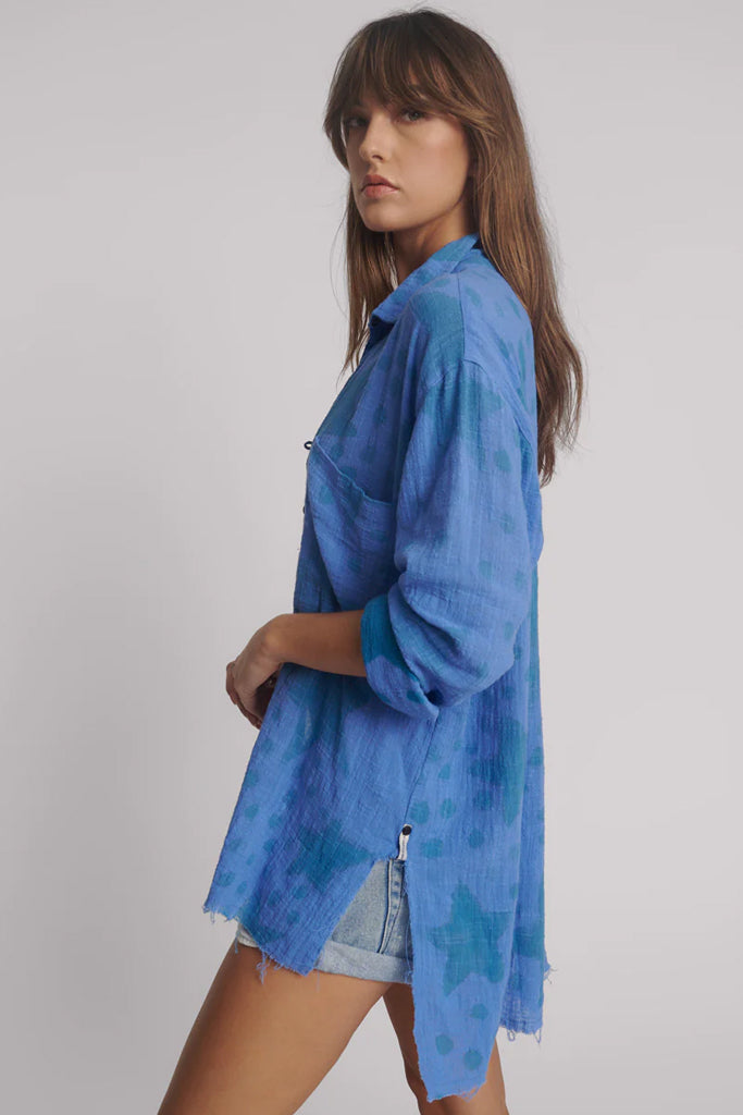One Teaspoon Polka Dot Hand Print Muslin Longline Shirt Blue