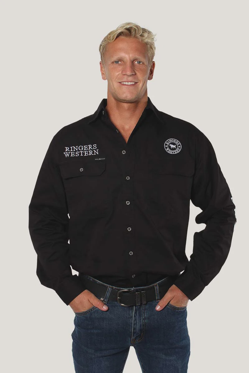 Ringers Western Hawkeye Mens Full Button Work Shirt - Black/White