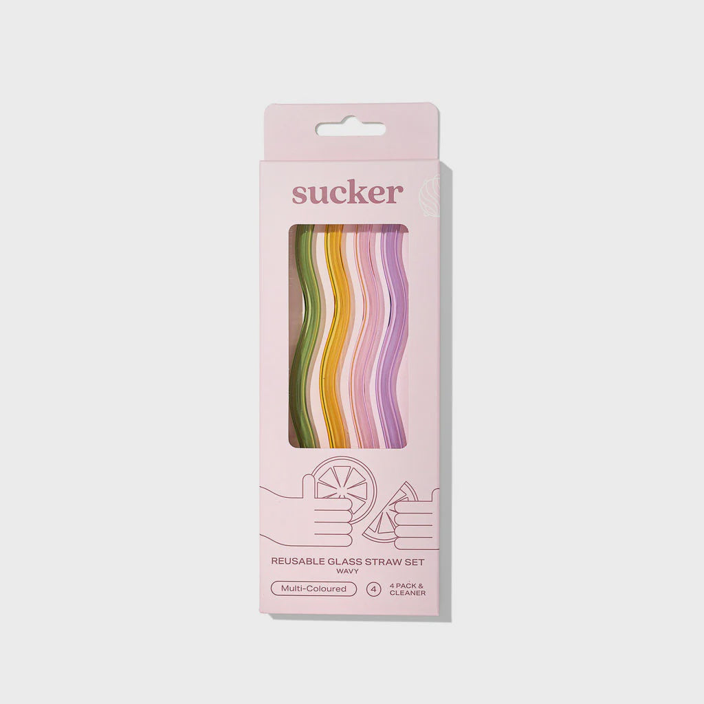 Sucker Wavy Glass Straw Set - Multi