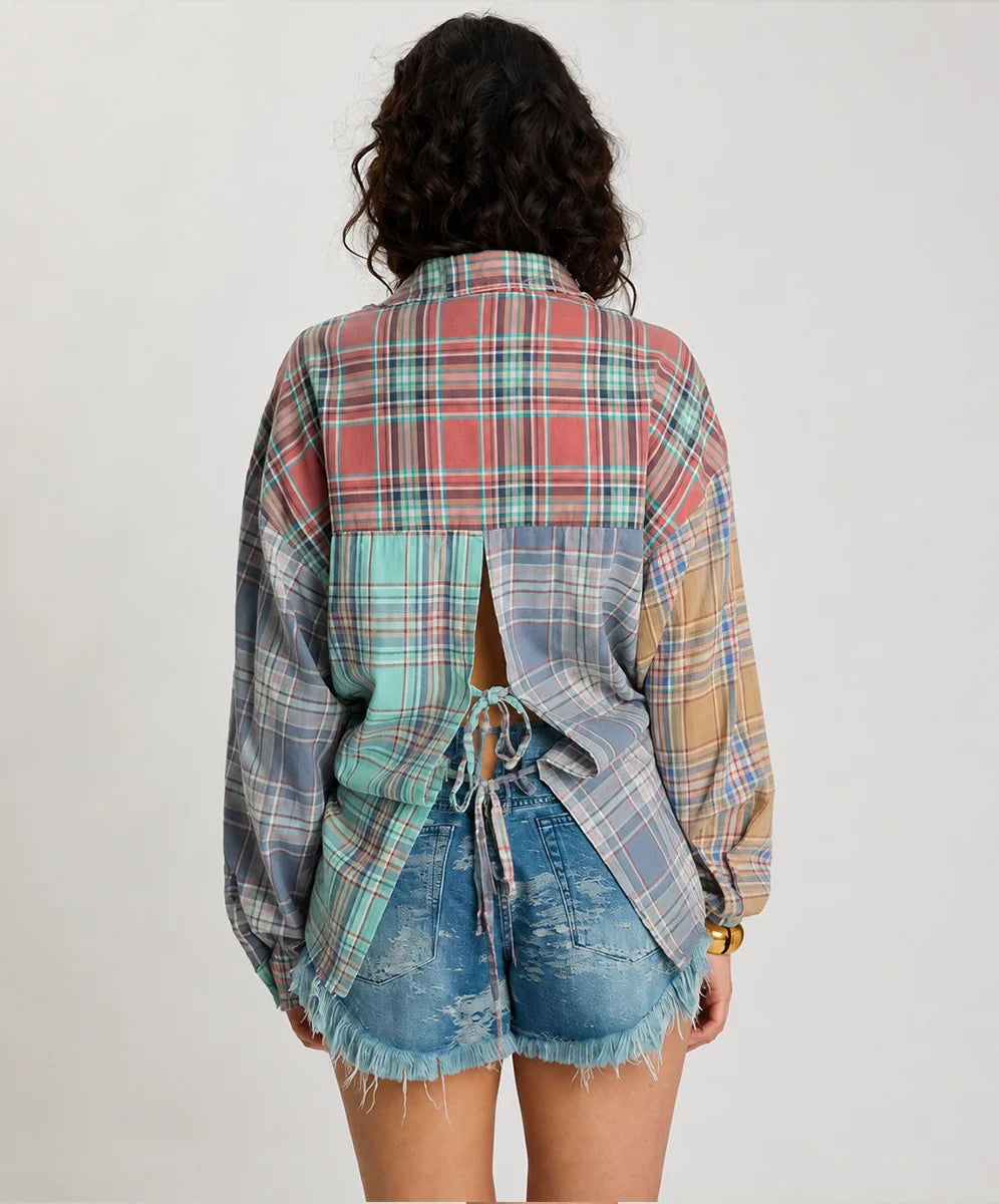 One Teaspoon Sunset Madras Check Tie Back Shirt-Multi Check