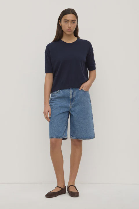 Vanya Cotton Cashmere Boxy Knit Tee True Navy