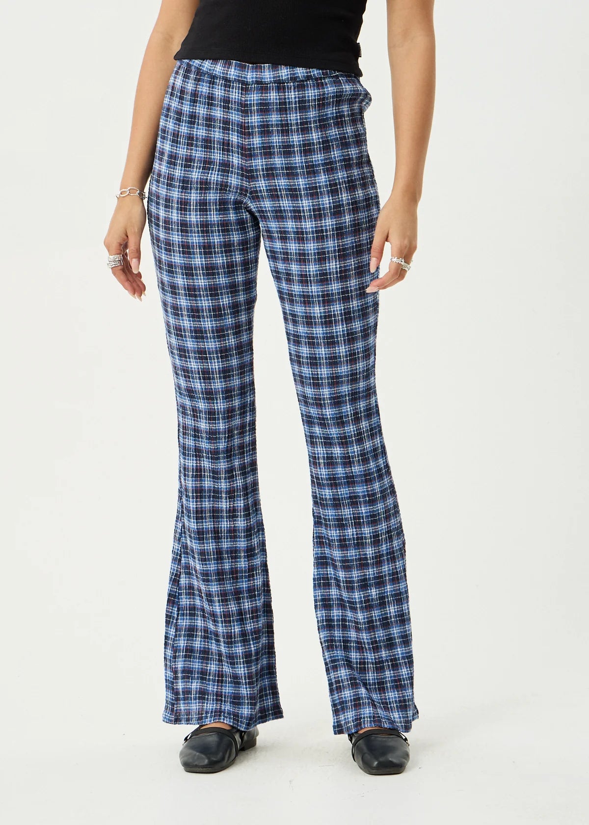 Afends Mountains - Seersucker Flare Pant - Navy Red Check