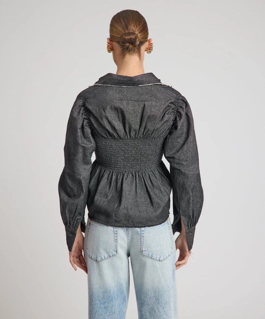 One Teaspoon Cafe Terrace Shirred Chambray Shirt Black