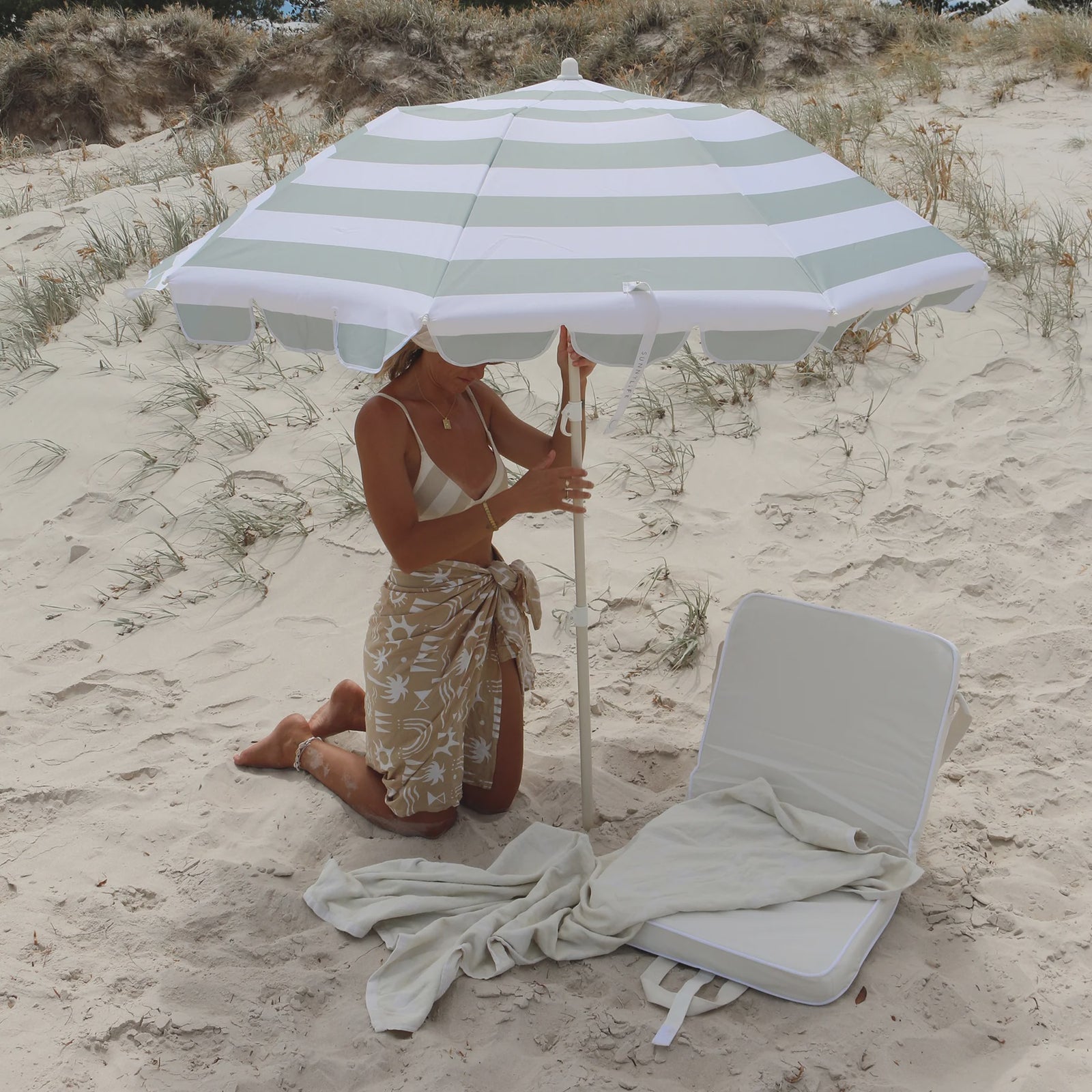 Sunnylife Compact Beach Umbrella Sea Sage Stripe
