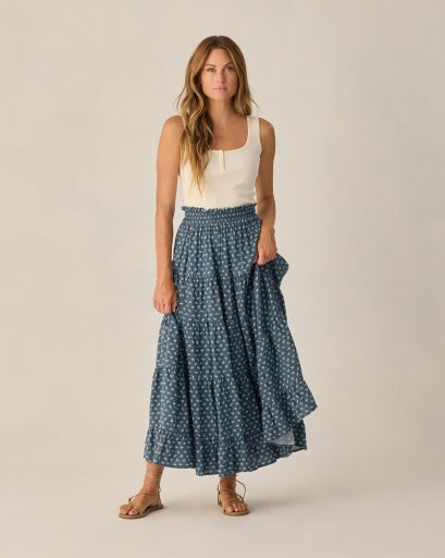 Rylee + Cru Womens Ruffle Tiered Maxi Skirt Ditsy