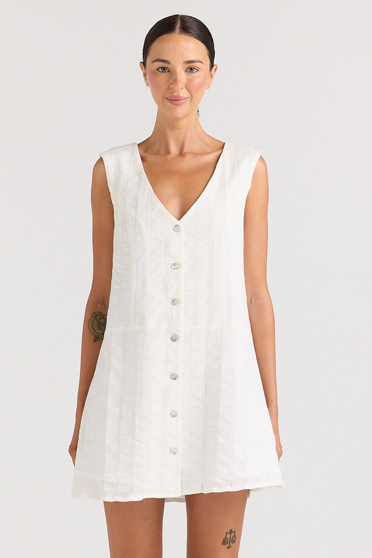 Poolside Paradiso Summer V Button Up dress White
