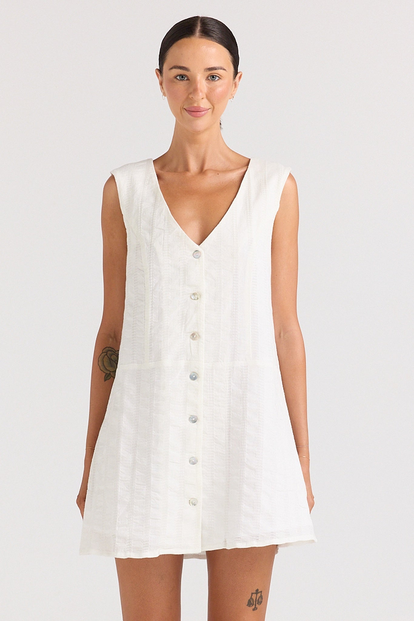Poolside Paradiso Summer V Button Up dress White