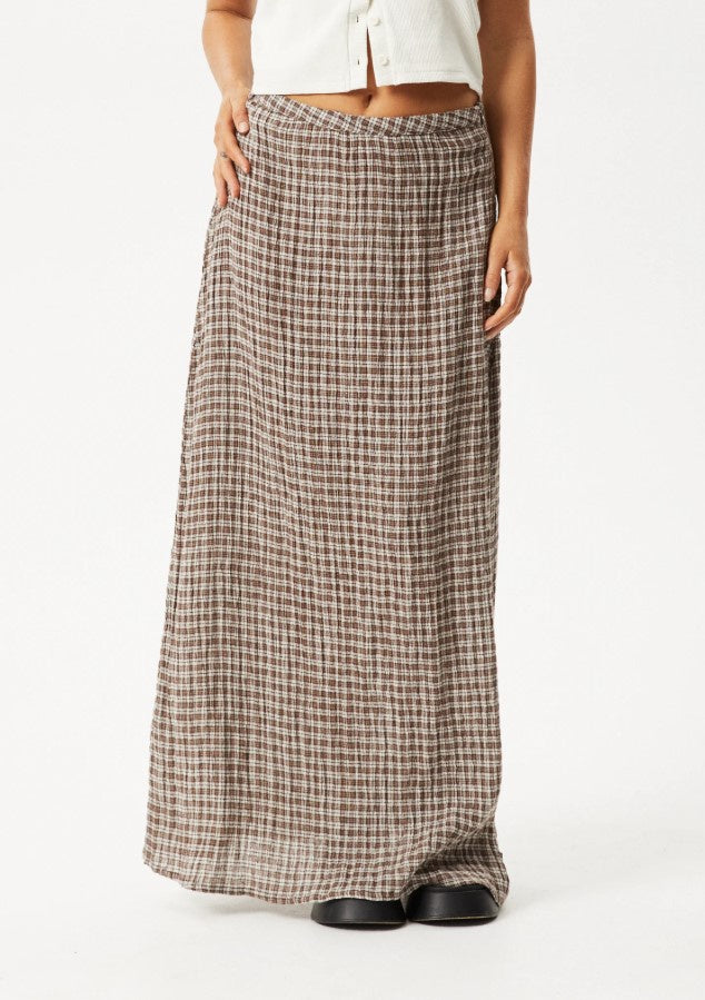 Afends Base Maxi Seersucker Coffee Check Skirt