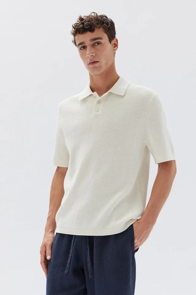 Assembly Lorne Knit Short Sleeve Polo Limestone/Antique White