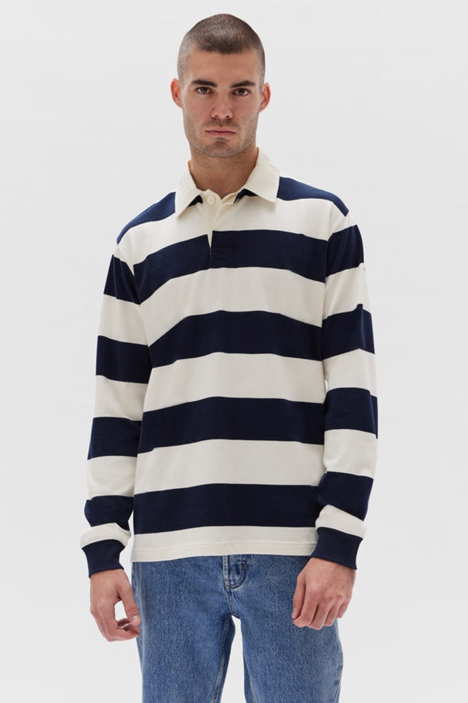 Assembly Wade Striped Long Sleeve Polo True Navy/White