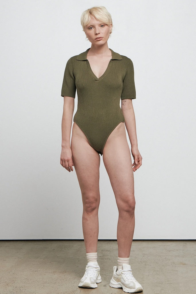 Bare By Charlie Holiday The Ribbed Knit Bodysuit Olive