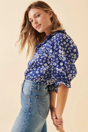 Rollas Kate Floral Brooklyn Blouse Electric blue
